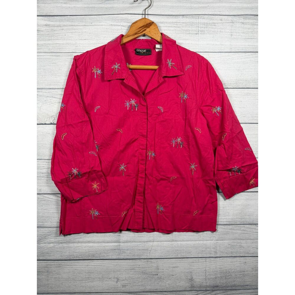 Vintage Onque Casuals Women's XL Pink Embroidered Palm Tree Button Up 1275
